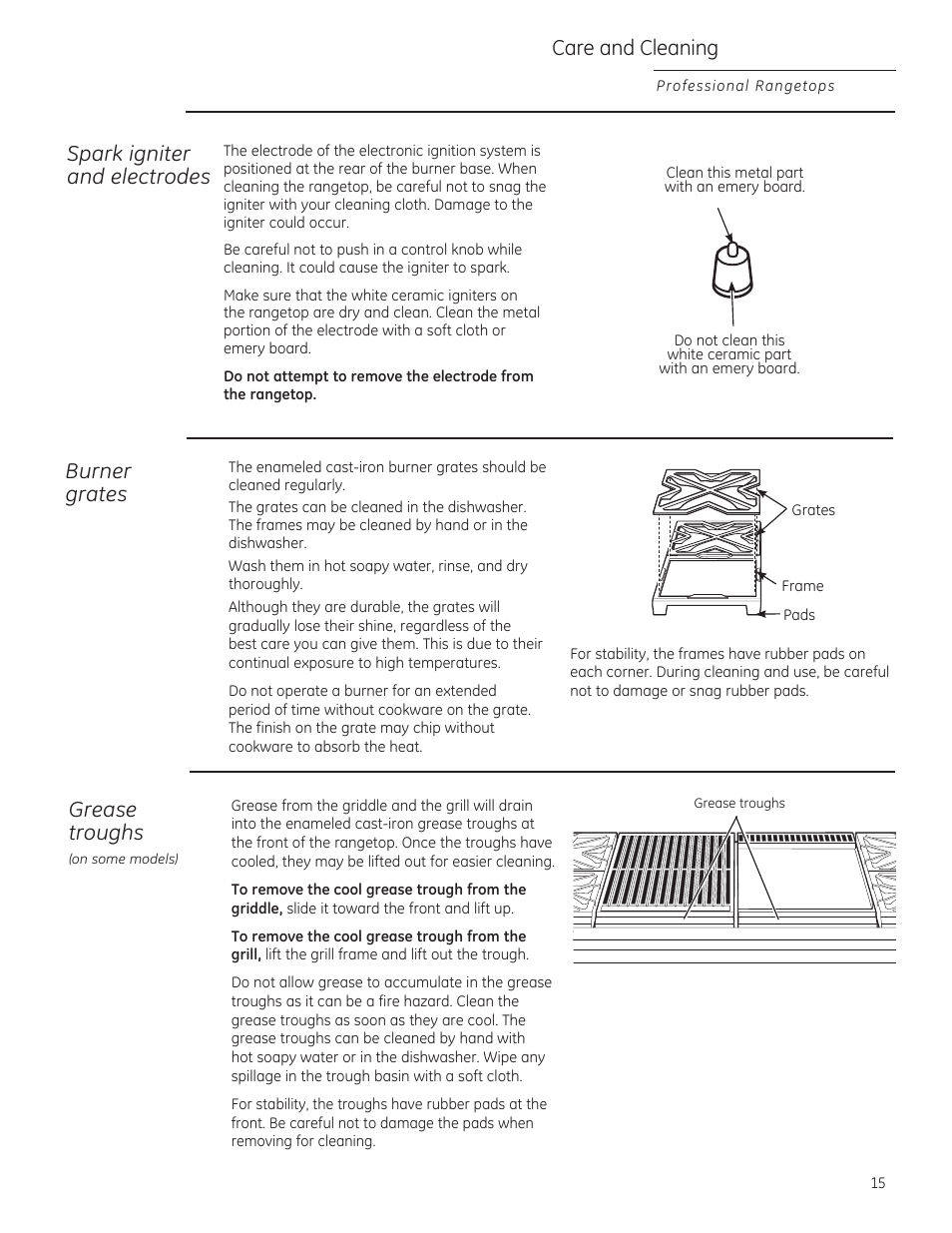 Spark igniter and electrodes, Burner grates, Grease troughs | Саге and cleaning | GE ZGU364NRPSS User Manual | Page 15 / 60