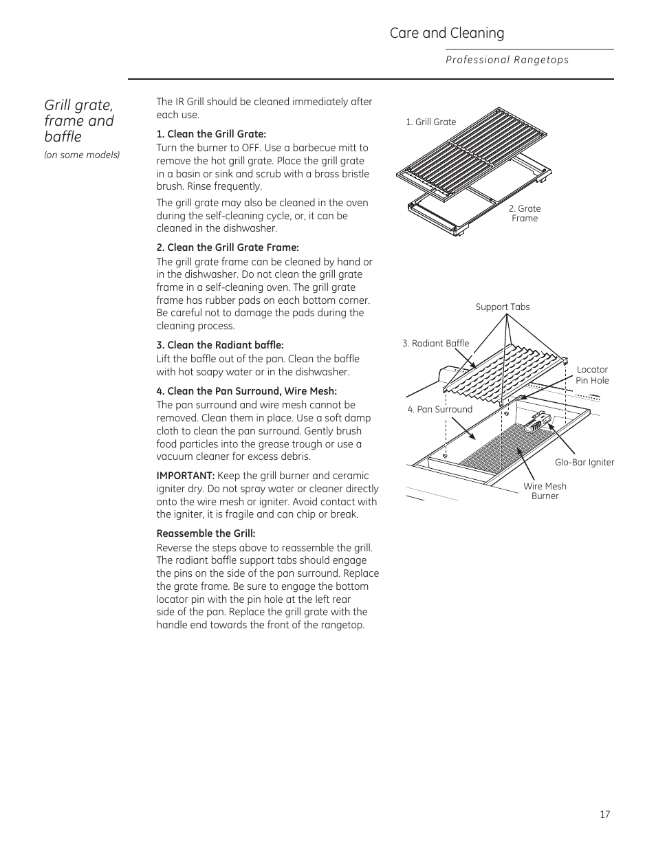 Clean the grill grate, Clean the grill grate frame, Clean the radiant baffle | Clean the pan surround, wire mesh, Reassemble the grill, Grill grate, frame and baffle, Саге and cleaning | GE ZGU364NRPSS User Manual | Page 17 / 60