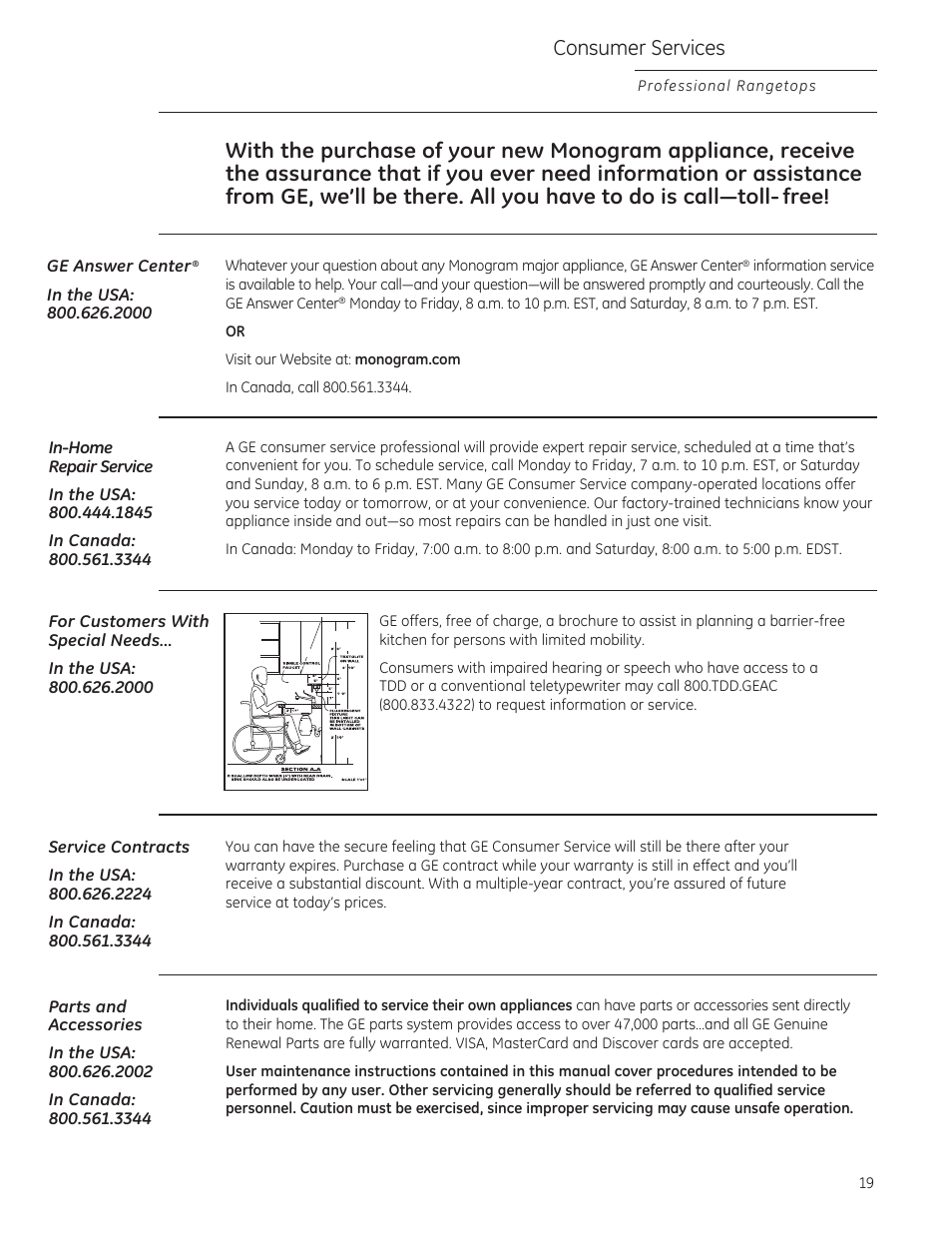 Consumer services | GE ZGU364NRPSS User Manual | Page 19 / 60