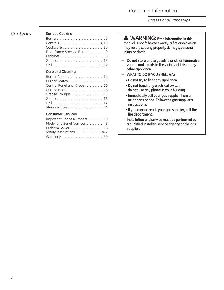 Consumer information, A warning | GE ZGU364NRPSS User Manual | Page 2 / 60