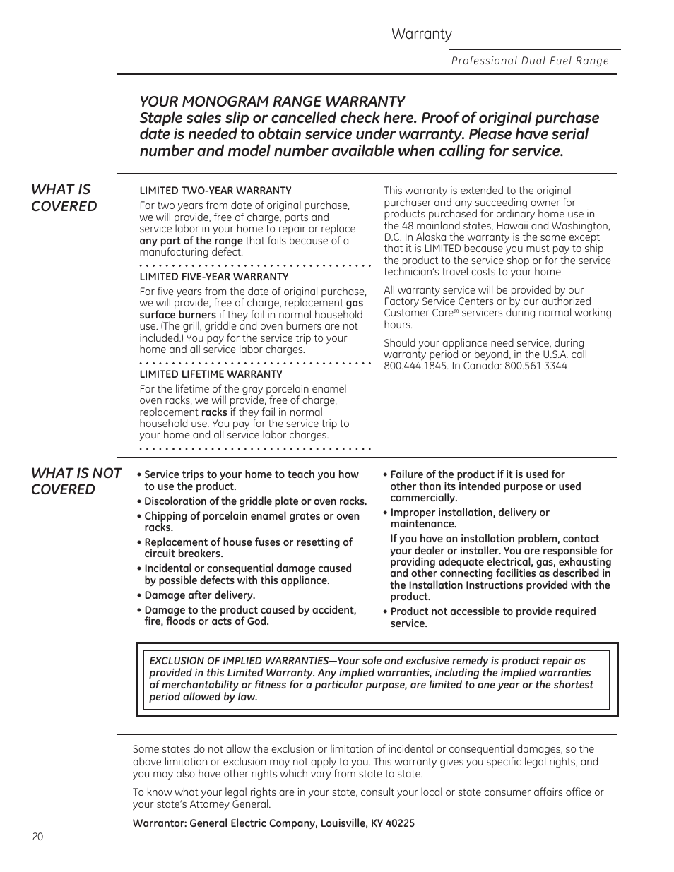 Warranty, Covered, What is not covered | GE ZGU364NRPSS User Manual | Page 20 / 60