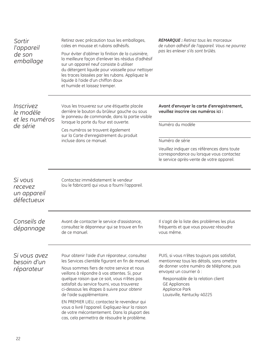 Sortir l'appareil de son emballage, Inscrivez le modèle et les numéros, De série | Si vous recevez un appareil défectueux, Conseils de dépannage, Si vous avez besoin d'un réparateur | GE ZGU364NRPSS User Manual | Page 22 / 60