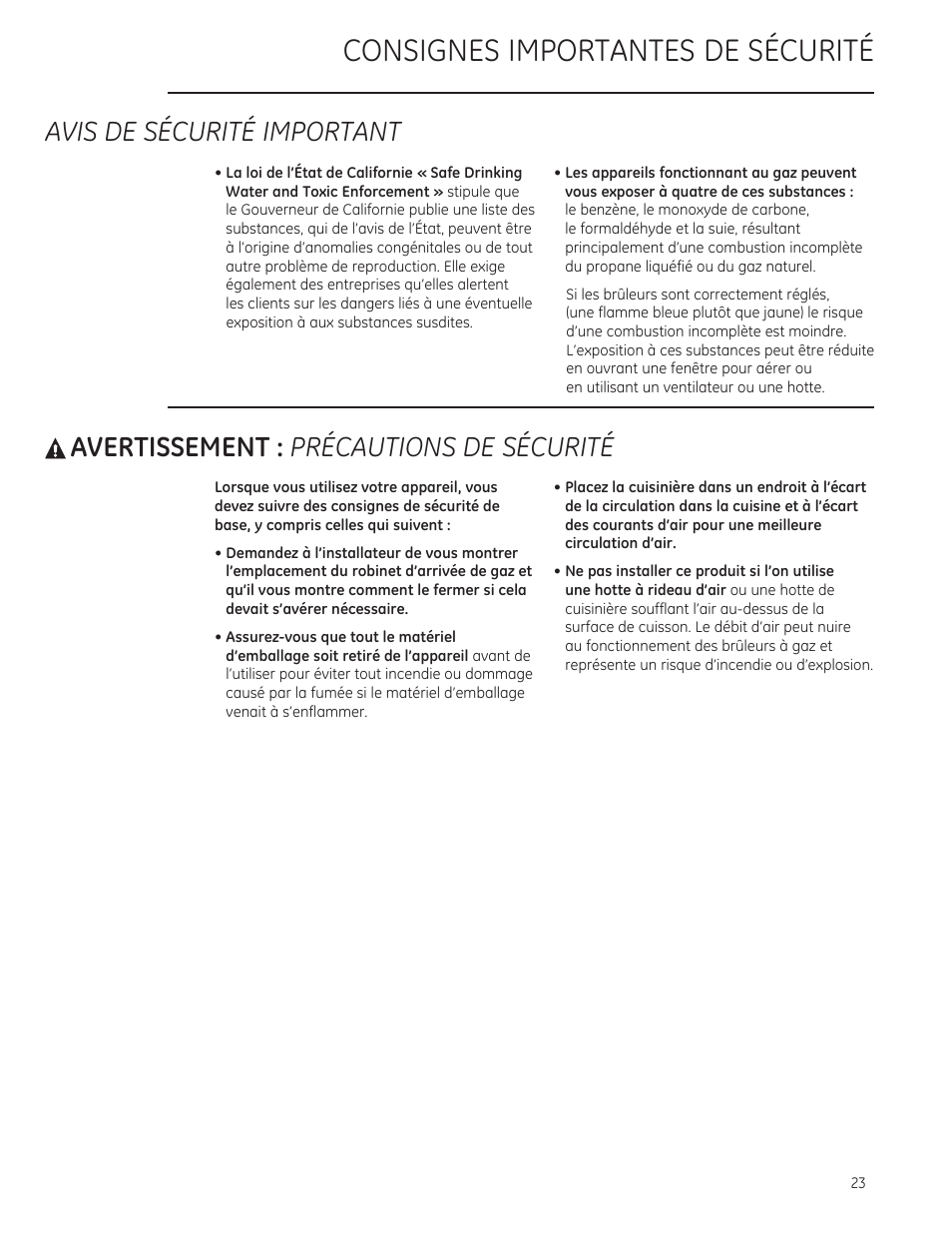 Avis de securite important, A avertissement : precautions de securite, Consignes importantes de securite | A avertissement, Precautions de securite | GE ZGU364NRPSS User Manual | Page 23 / 60