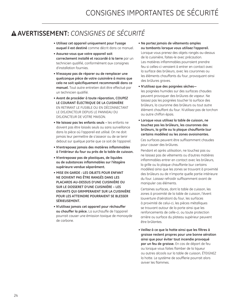 A avertissement: consignes de securite, Consignes importantes de securite, A avertissement | Consignes de securite | GE ZGU364NRPSS User Manual | Page 24 / 60