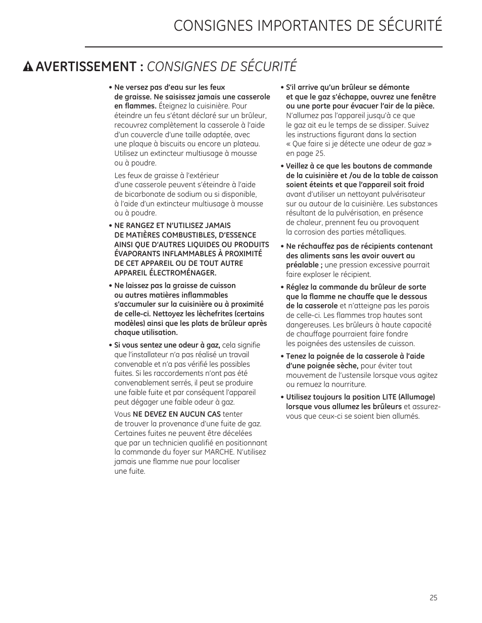 A avertissement : consignes de sécurité, Ne versez pas d'eau sur les feux, Consignes importantes de securite | A avertissement, Consignes de sécurité | GE ZGU364NRPSS User Manual | Page 25 / 60