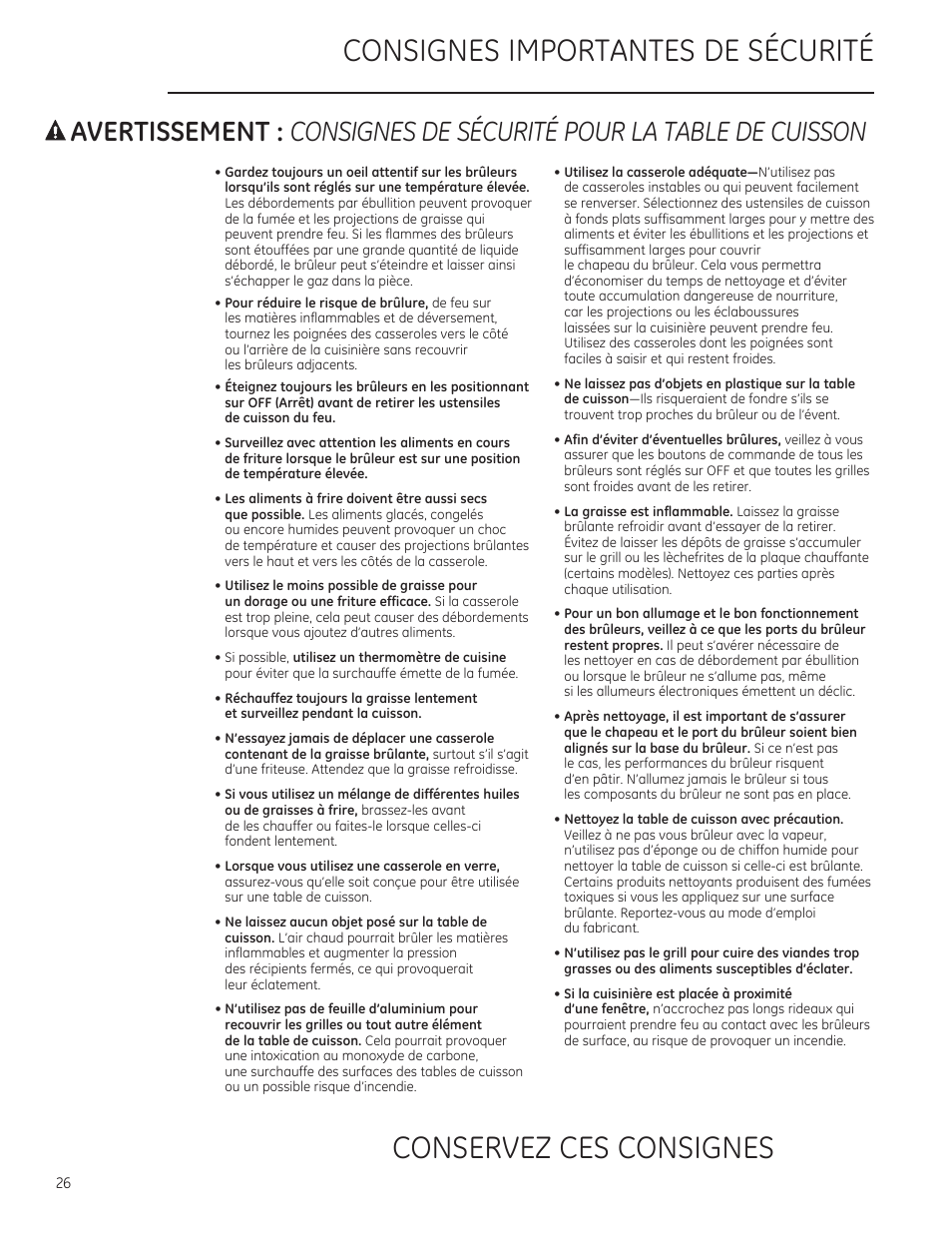 Consignes importantes de securite, Conservez ces consignes, A avertissement | Consignes de sécurfté pour la table de cuisson | GE ZGU364NRPSS User Manual | Page 26 / 60