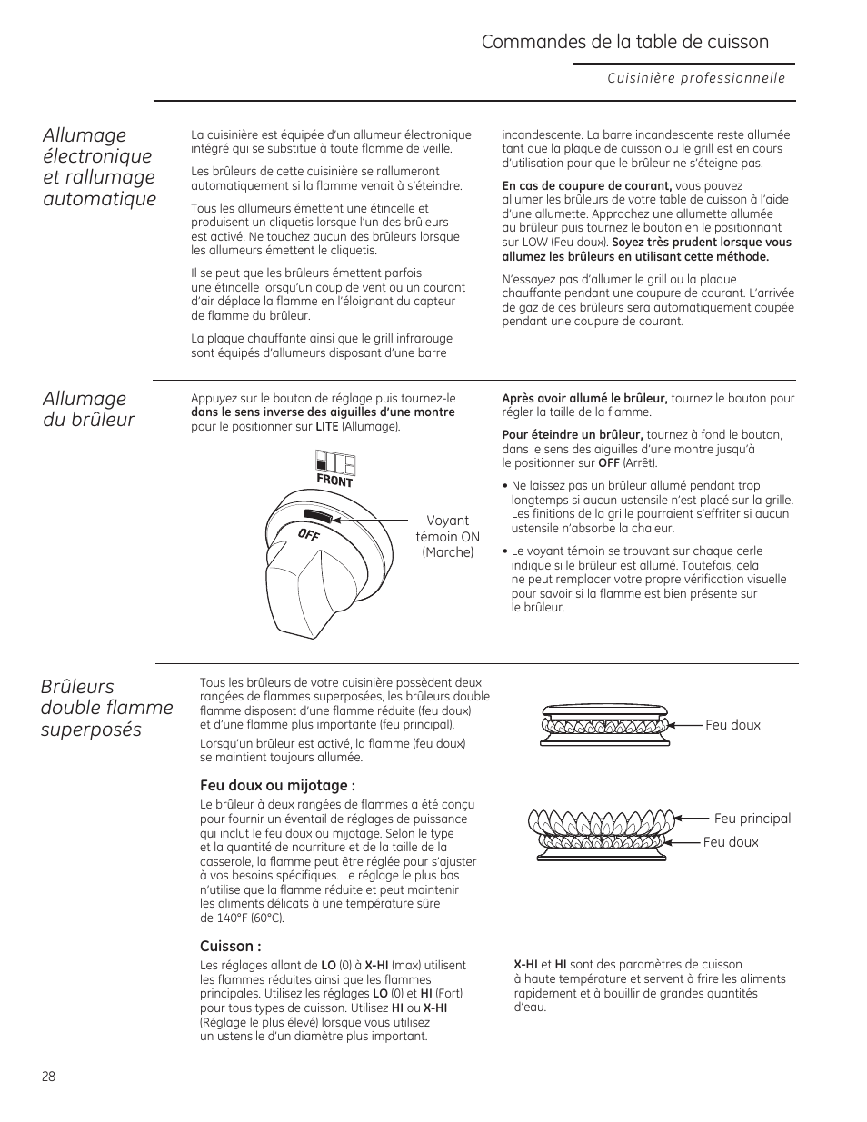 Commandes de la table de cuisson, Allumage électronique et rallumage automatique, Allumage du brûleur | Brûleurs double flamme superposés | GE ZGU364NRPSS User Manual | Page 28 / 60