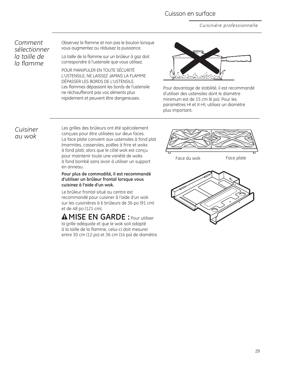 Mise en garde i pour utiliser, Comment sélectionner lo taille de la flamme, Cuisiner au wok | Cuisson en surface | GE ZGU364NRPSS User Manual | Page 29 / 60
