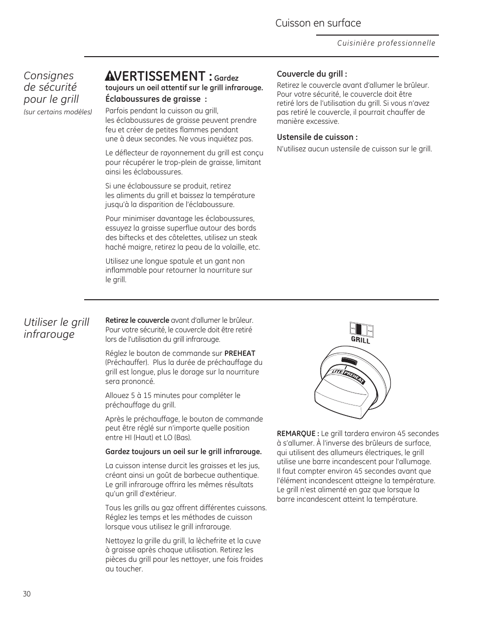Avertissement, Consignes de sécurité pour le grill, Utiliser le grill infrarouge | Cuisson en surface | GE ZGU364NRPSS User Manual | Page 30 / 60