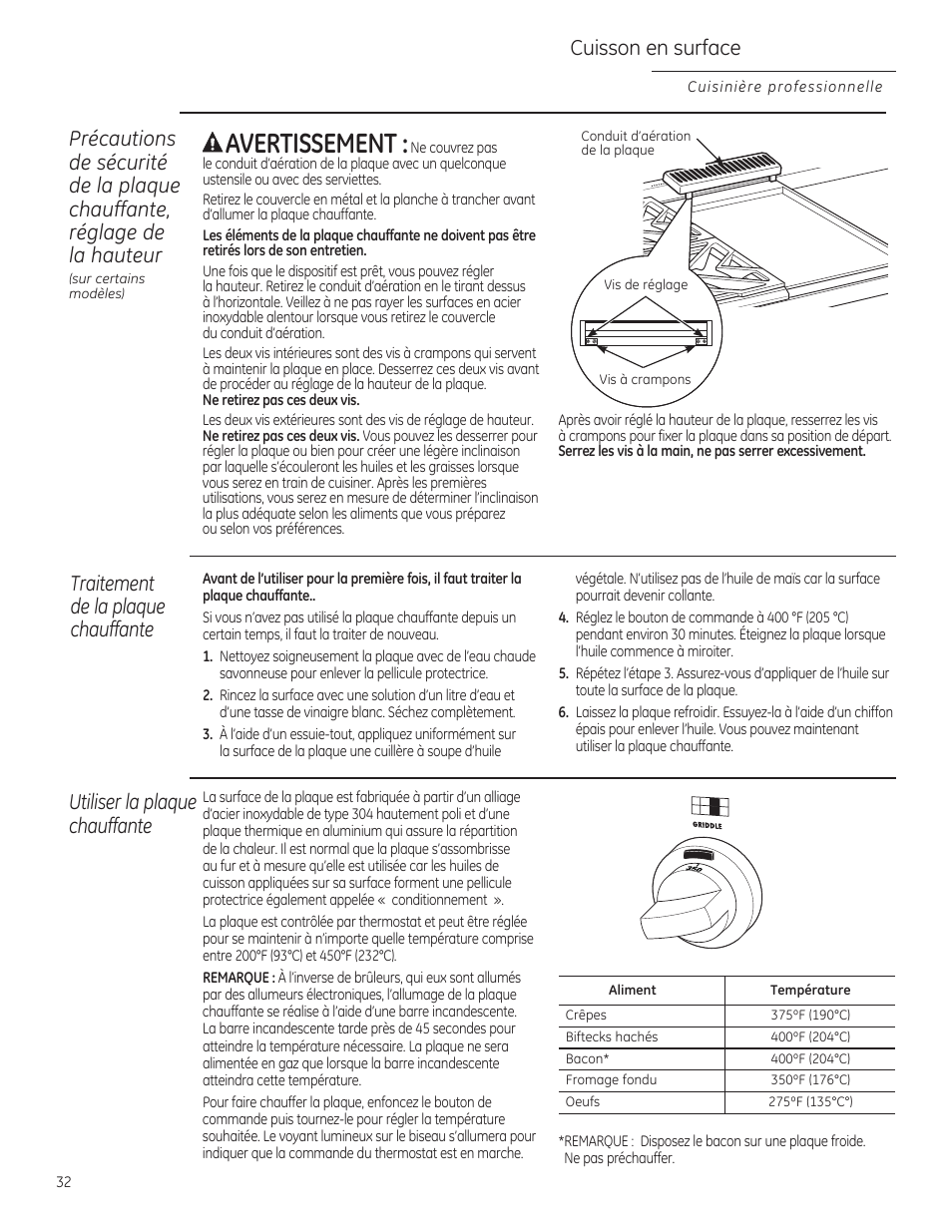 Aavertissement, Cuisson en surface | GE ZGU364NRPSS User Manual | Page 32 / 60