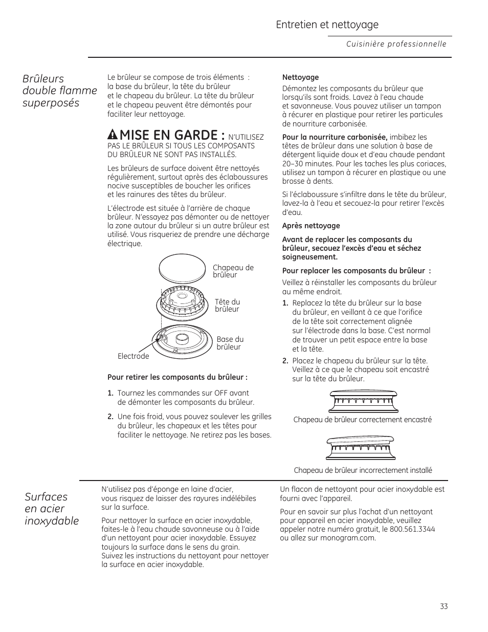 Pour retirer les composants du brûleur, Nettoyage, A mise en garde | Entretien et nettoyage | GE ZGU364NRPSS User Manual | Page 33 / 60