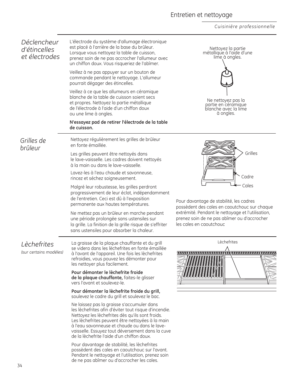 Grilles de brûleur, Déclencheur d'étincelles et électrodes, Lèchefrites | Entretien et nettoyage | GE ZGU364NRPSS User Manual | Page 34 / 60