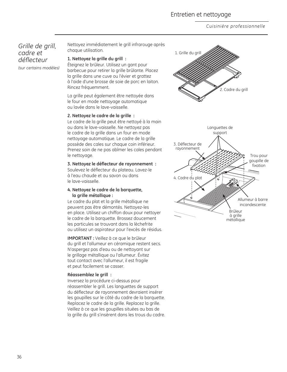 Nettoyez la grille du grill, Nettoyez le cadre de la grille, Nettoyez le déflecteur de rayonnement | Grille de grill, cadre et déflecteur, Entretien et nettoyage | GE ZGU364NRPSS User Manual | Page 36 / 60