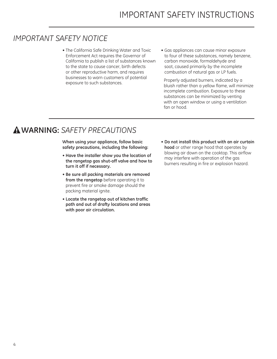 Important safety notice, A warning: safety precautions, When using your appliance, follow basic | Important safety instructions, A warning, Safety precautions | GE ZGU364NRPSS User Manual | Page 4 / 60