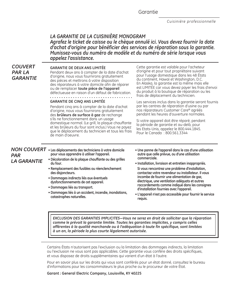 Garantie, Couvert par la garantie, Non couvert par la garantie | GE ZGU364NRPSS User Manual | Page 40 / 60