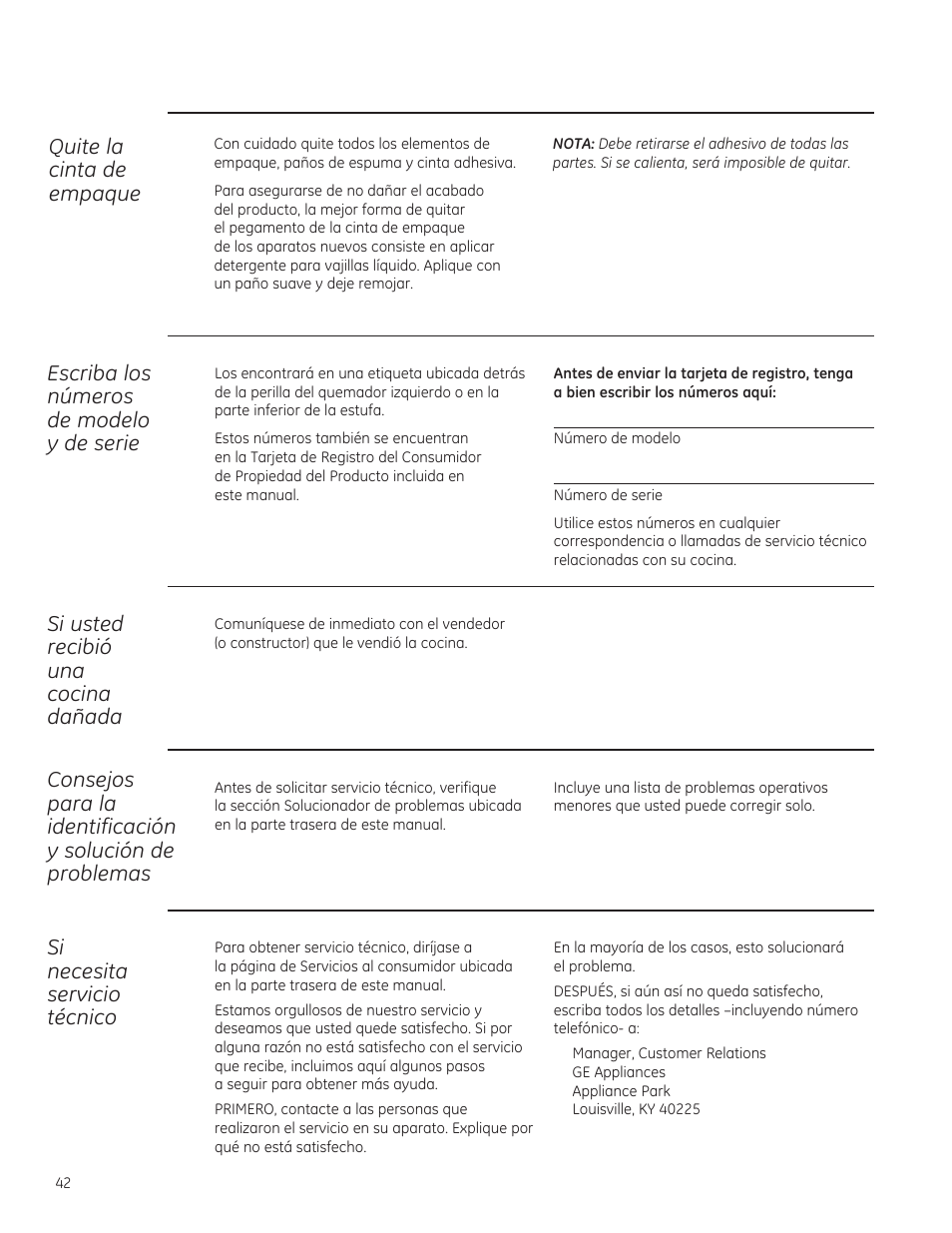 Quite la cinta de empaque, Escriba las númeras de madela, De serie | Si usted recibió una cacina dañada, Si necesita servicia técnica | GE ZGU364NRPSS User Manual | Page 42 / 60