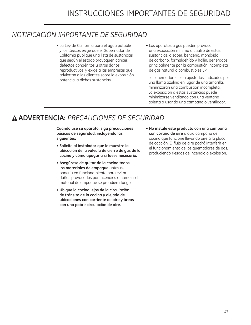 Notificacion importante de seguridad, A advertencia: precauciones de seguridad, Instrucciones importantes de seguridad | A advertencia, Precauciones de seguridad | GE ZGU364NRPSS User Manual | Page 43 / 60
