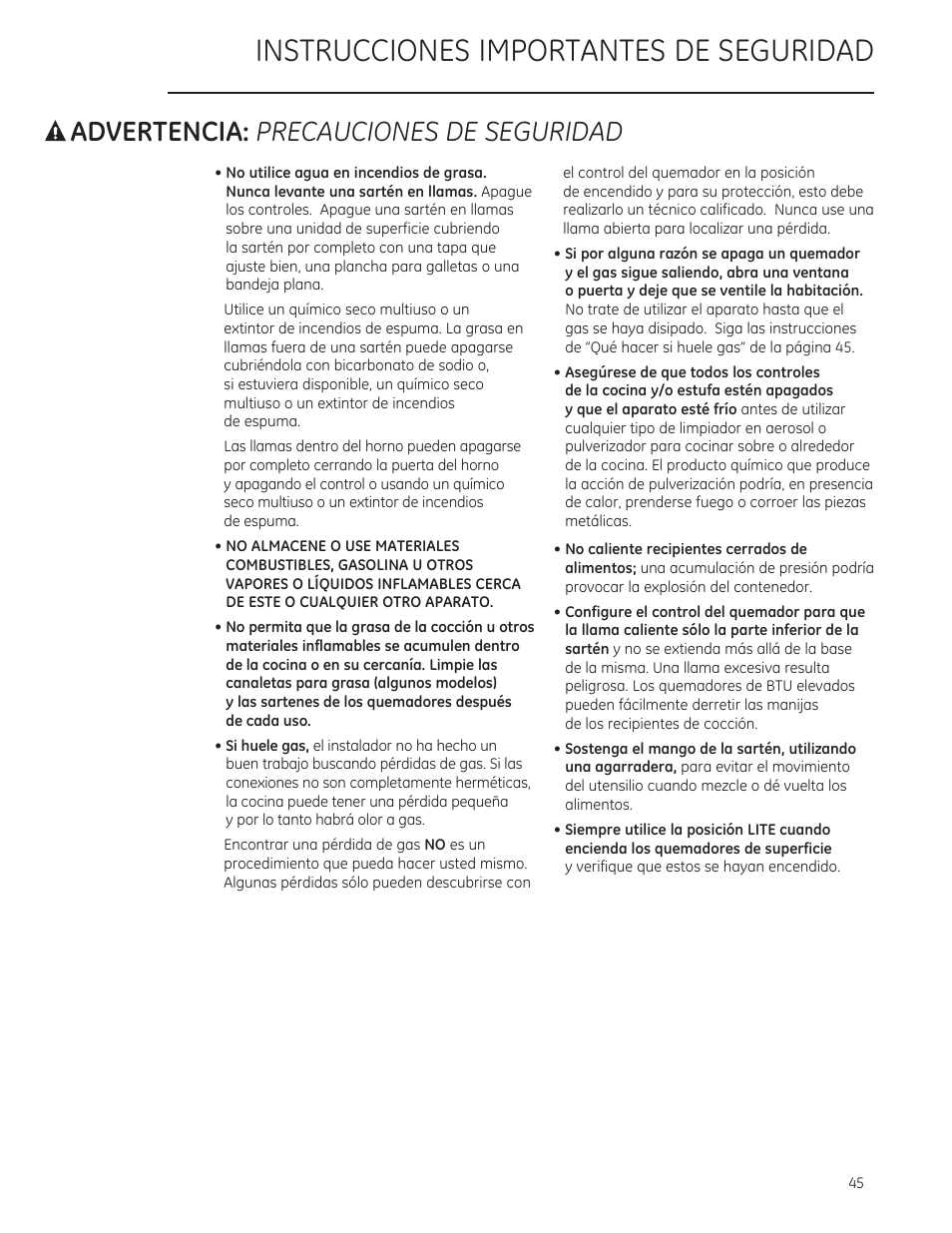 A advertencia: precauciones de seguridad, No utilice agua en incendios de grasa, Instrucciones importantes de seguridad | A advertencia, Precauciones de seguridad | GE ZGU364NRPSS User Manual | Page 45 / 60