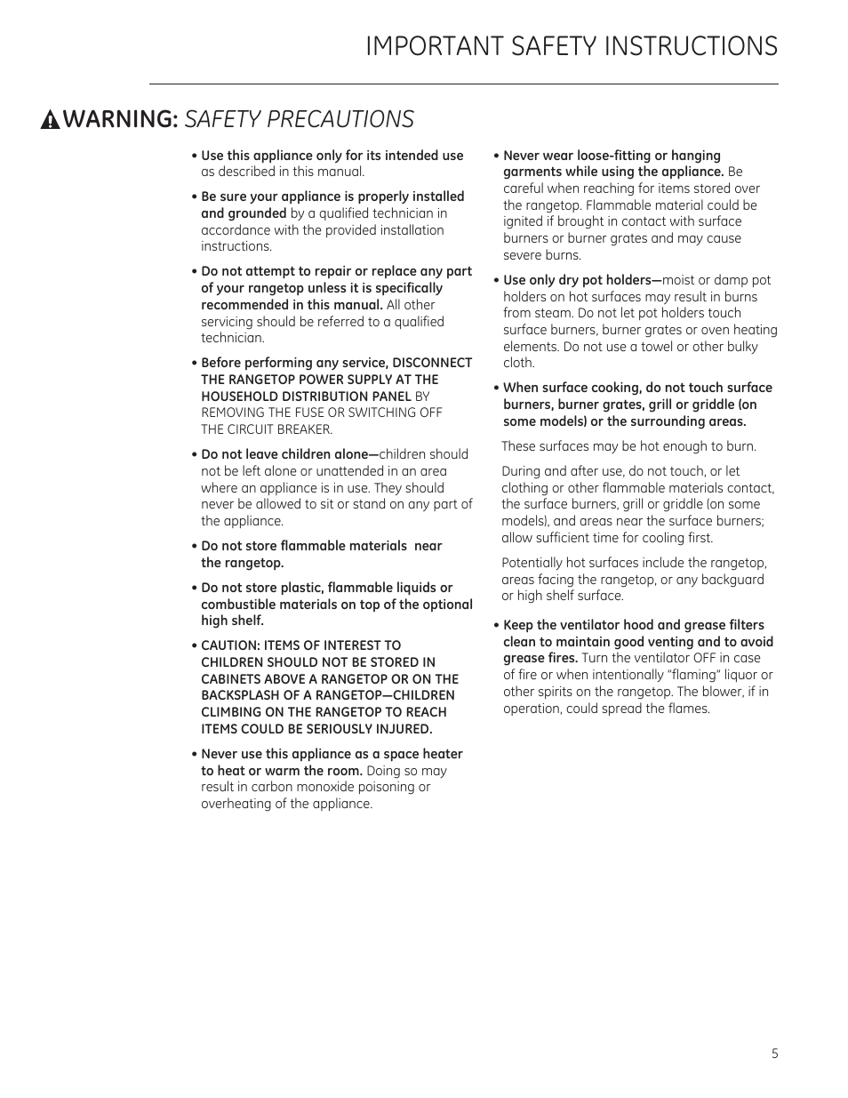 Awarning: safety precautions, Use this appliance only for its intended use, Do not store flammable materials near the rangetop | Important safety instructions, Awarning, Safety precautions | GE ZGU364NRPSS User Manual | Page 5 / 60