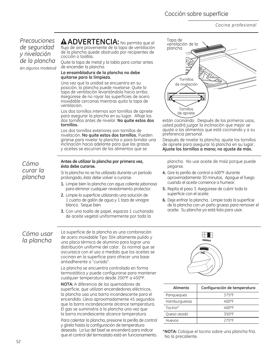 Precauciones de seguridad, Nivelación de lo plancha, Aadvertencia | Cómo curar lo plancho, Cómo usar lo plancho, Cocción sobre superficie | GE ZGU364NRPSS User Manual | Page 52 / 60