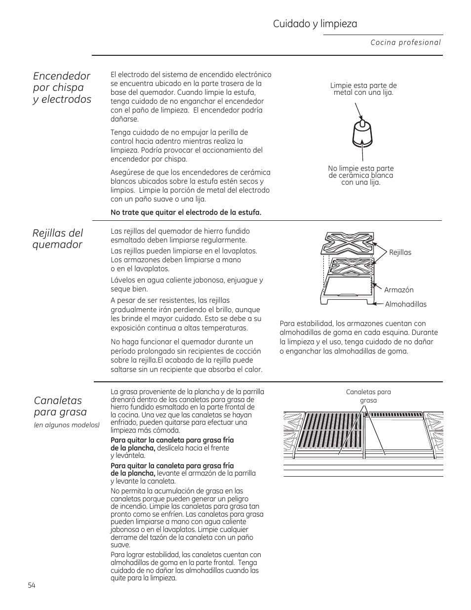 Canaletas poro graso, Cuidado y limpieza | GE ZGU364NRPSS User Manual | Page 54 / 60