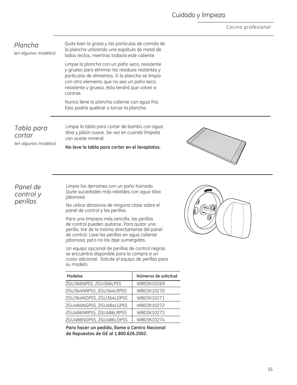 Plancha, Tabla para cariar, Panel de cantra! y perillas | Cuidado y limpieza | GE ZGU364NRPSS User Manual | Page 55 / 60