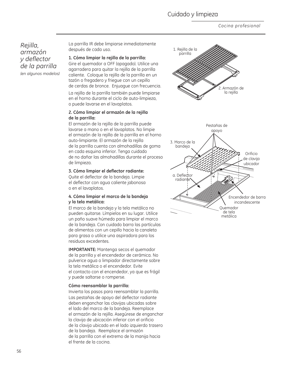 Cómo limpiar la rejilla de la parrilla, Cómo limpiar el deflector radiante, Rejilla, armazón y deflectar de la parrilla | Cuidado y limpieza | GE ZGU364NRPSS User Manual | Page 56 / 60