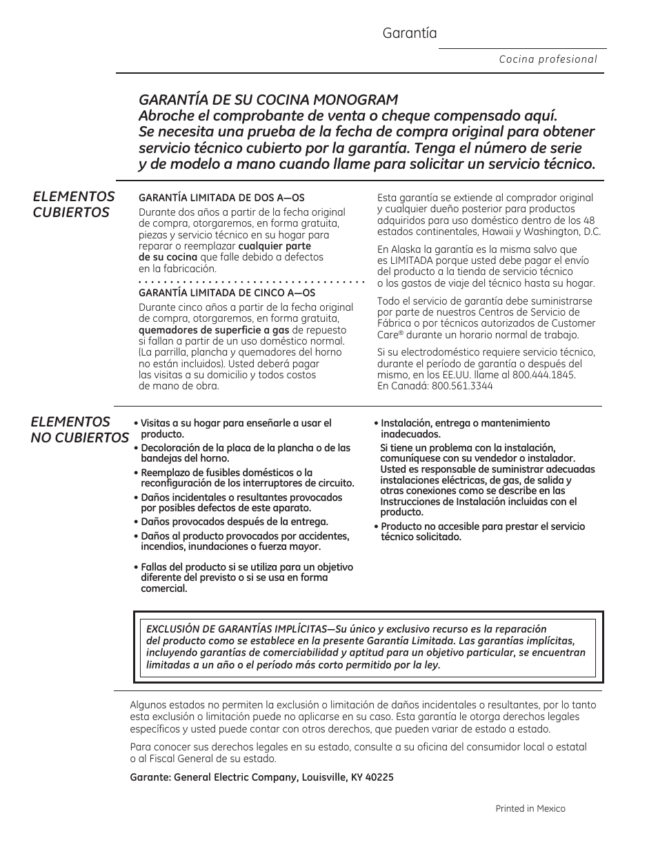 Garantía, Elementos no cubiertos | GE ZGU364NRPSS User Manual | Page 60 / 60