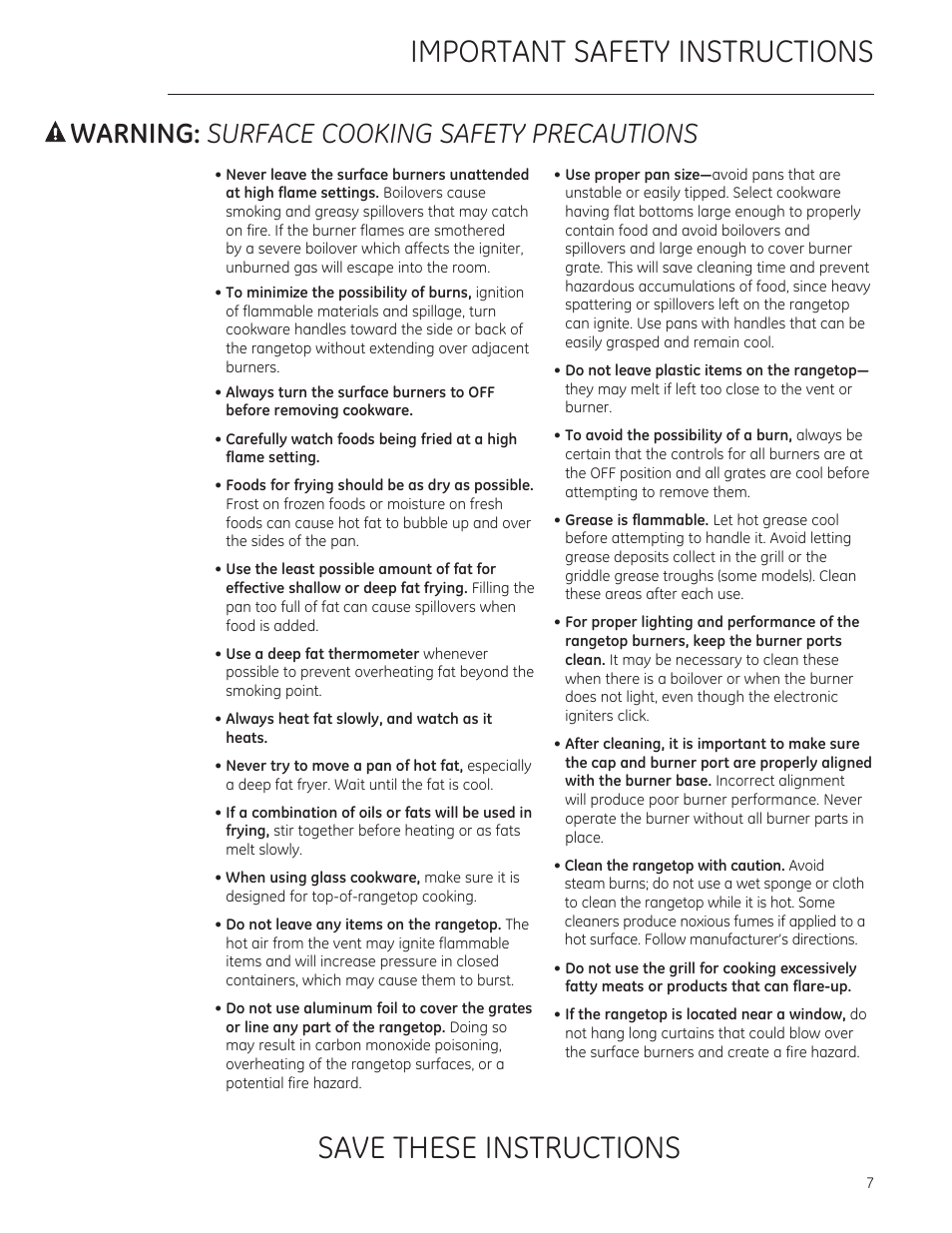 A warning: surface cooking safety precautions, Always heat fat slowly, and watch as it heats, Important safety instructions | Save these instructions, A warning, Surface cooking safety precautions | GE ZGU364NRPSS User Manual | Page 7 / 60