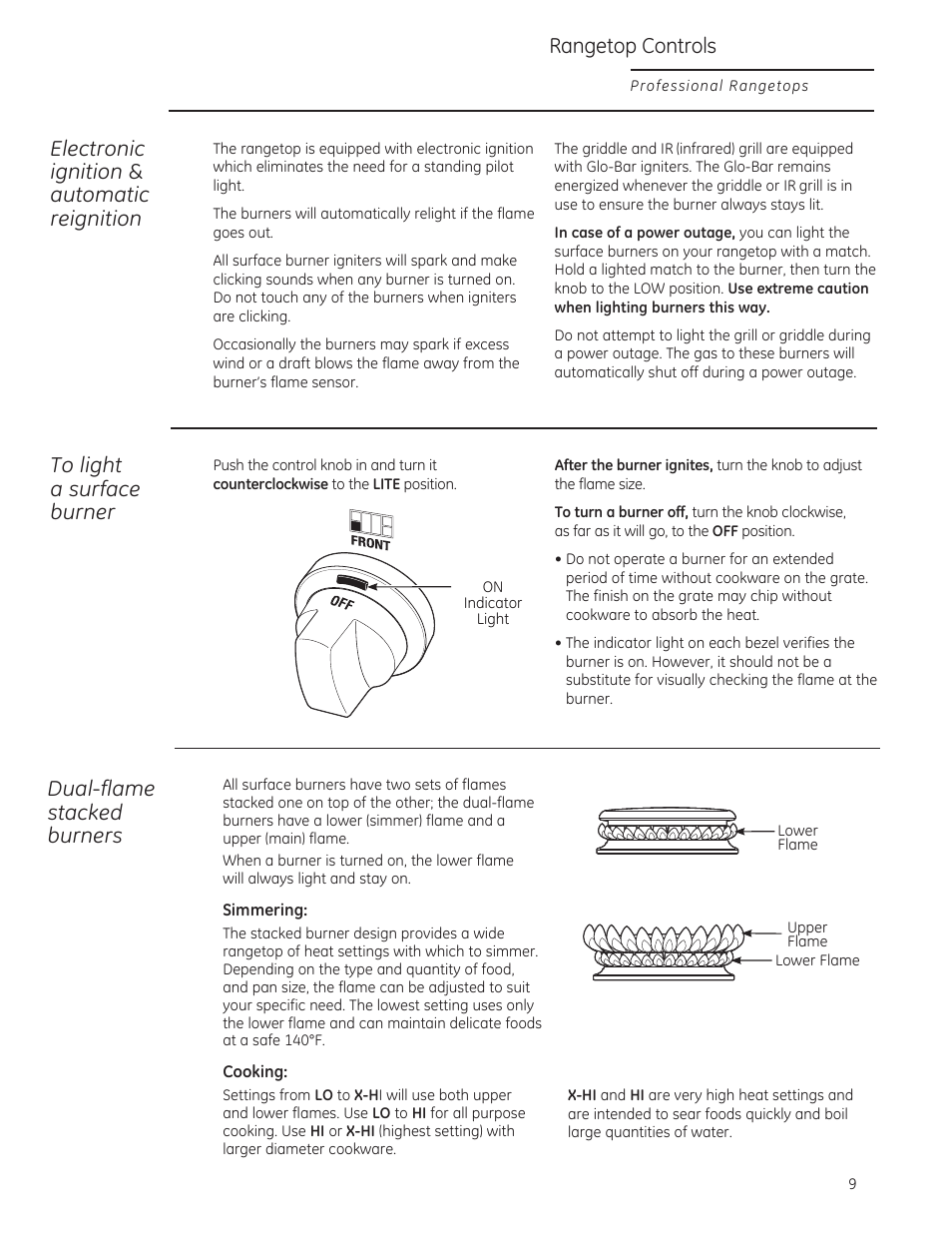 Rangetop controls, Electronic ignition, Automatic reignition | Duol-flome stocked burners | GE ZGU364NRPSS User Manual | Page 9 / 60