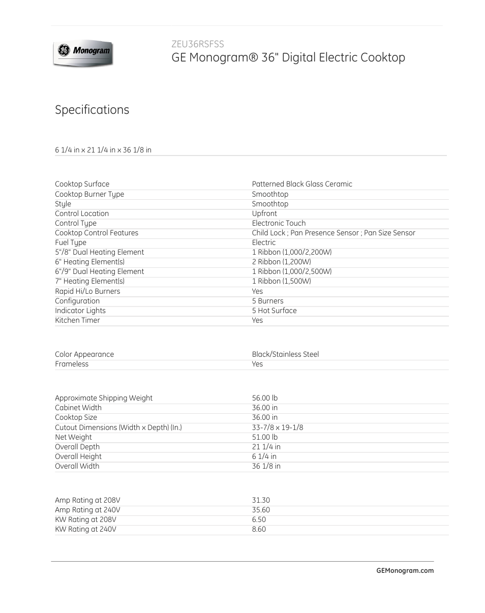 Ge monogram® 36" digital electric cooktop, Specifications, Zeu36rsfss | GE ZEU36RSFSS User Manual | Page 2 / 3