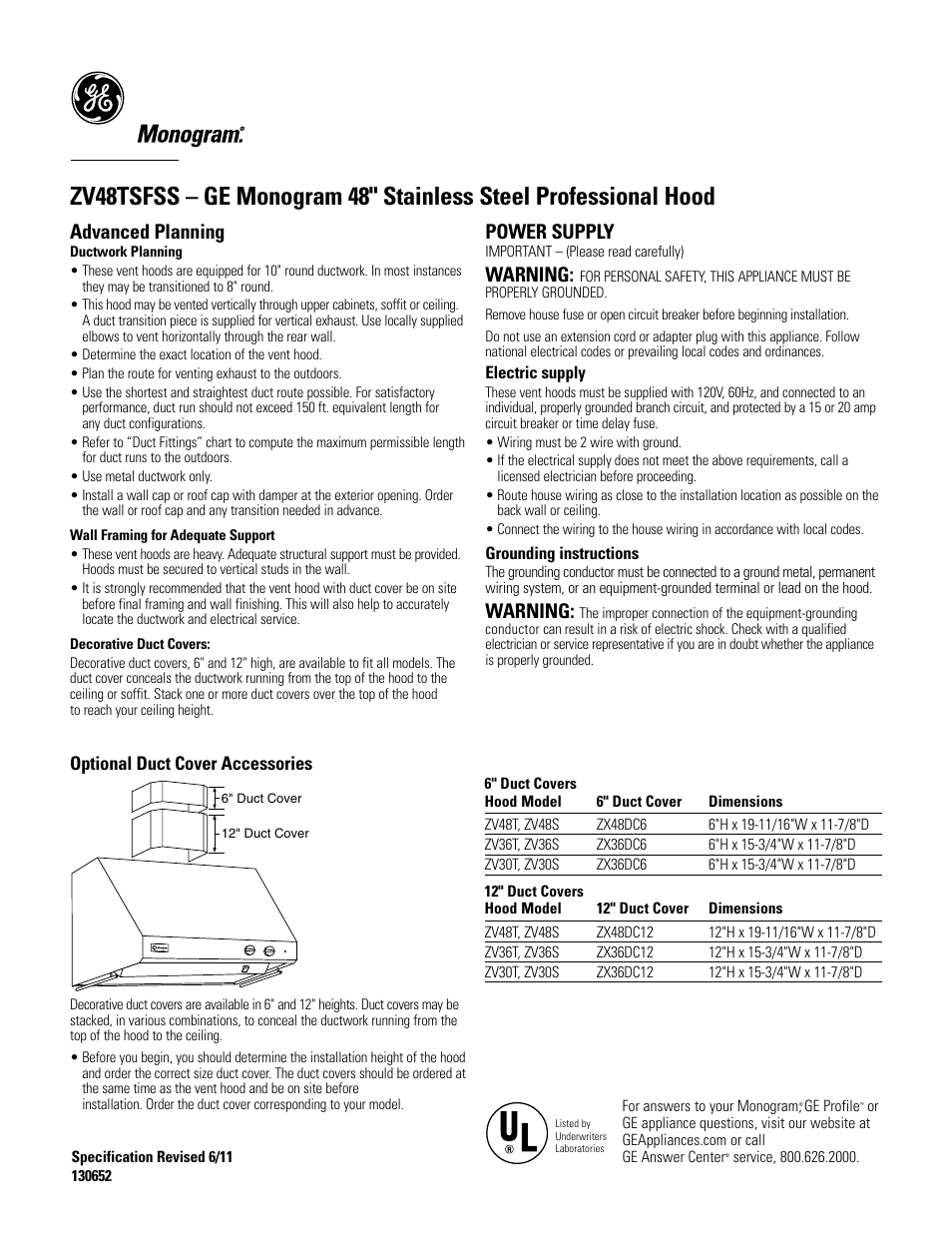 Advanced planning, Power supply, Warning | GE ZV48TSFSS User Manual | Page 2 / 4