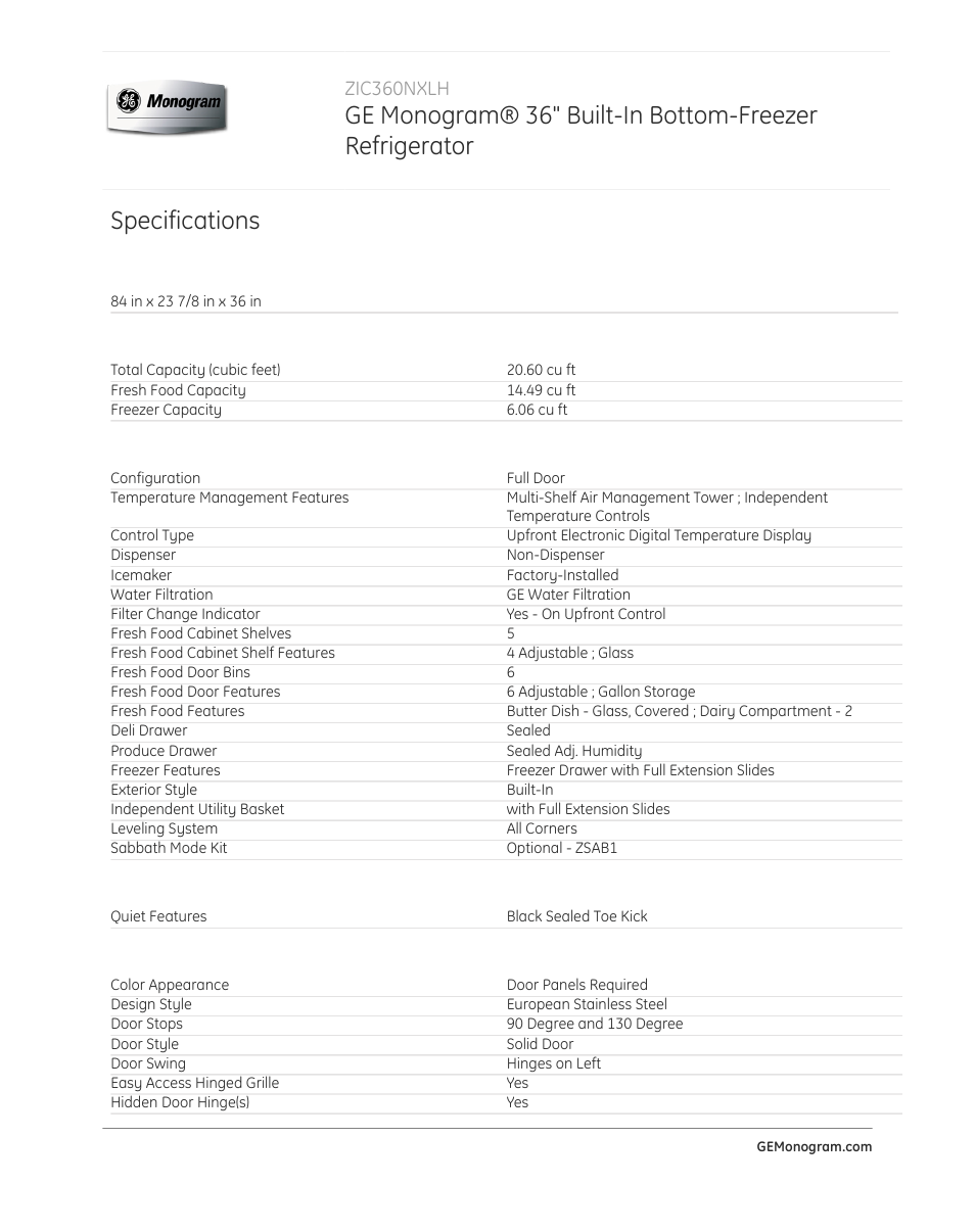 Specifications, Zic360nxlh | GE ZIC360NXLH User Manual | Page 2 / 3