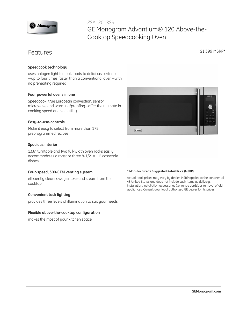 GE ZSA1201RSS User Manual | 3 pages