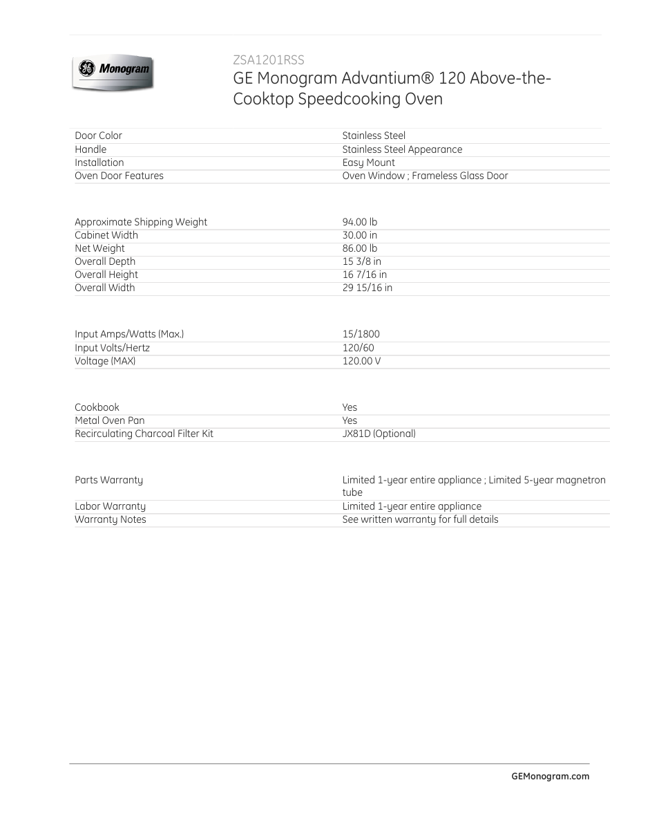 GE ZSA1201RSS User Manual | Page 3 / 3