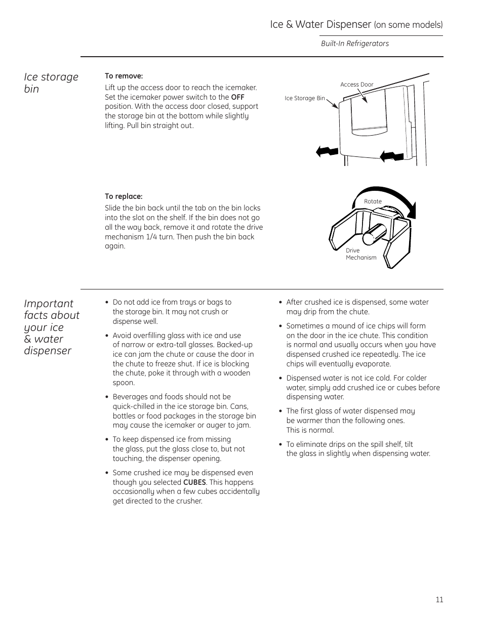 Ice storage bin, Important facts about your ice & water dispenser, Ice & water dispenser | GE ZIS480NX User Manual | Page 11 / 32