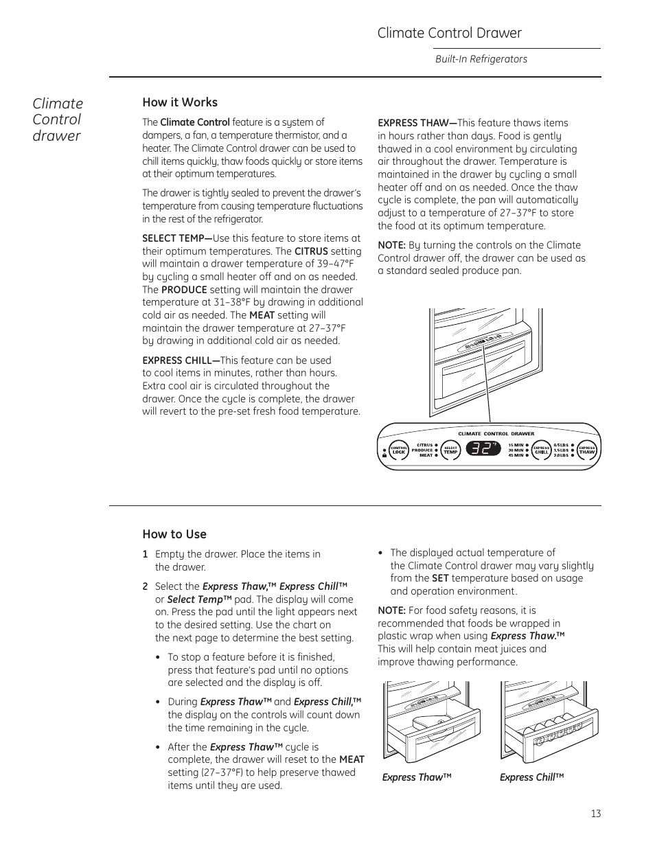 Climate control drawer, Climate control drawer , 14, 16 | GE ZIS480NX User Manual | Page 13 / 32
