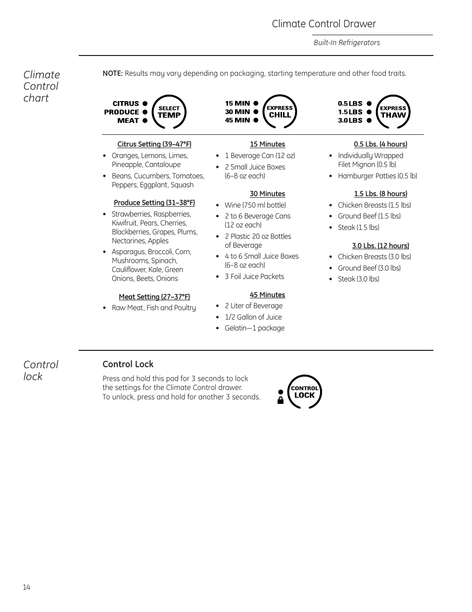 Control lock, Climate control chart, Climate control drawer | GE ZIS480NX User Manual | Page 14 / 32