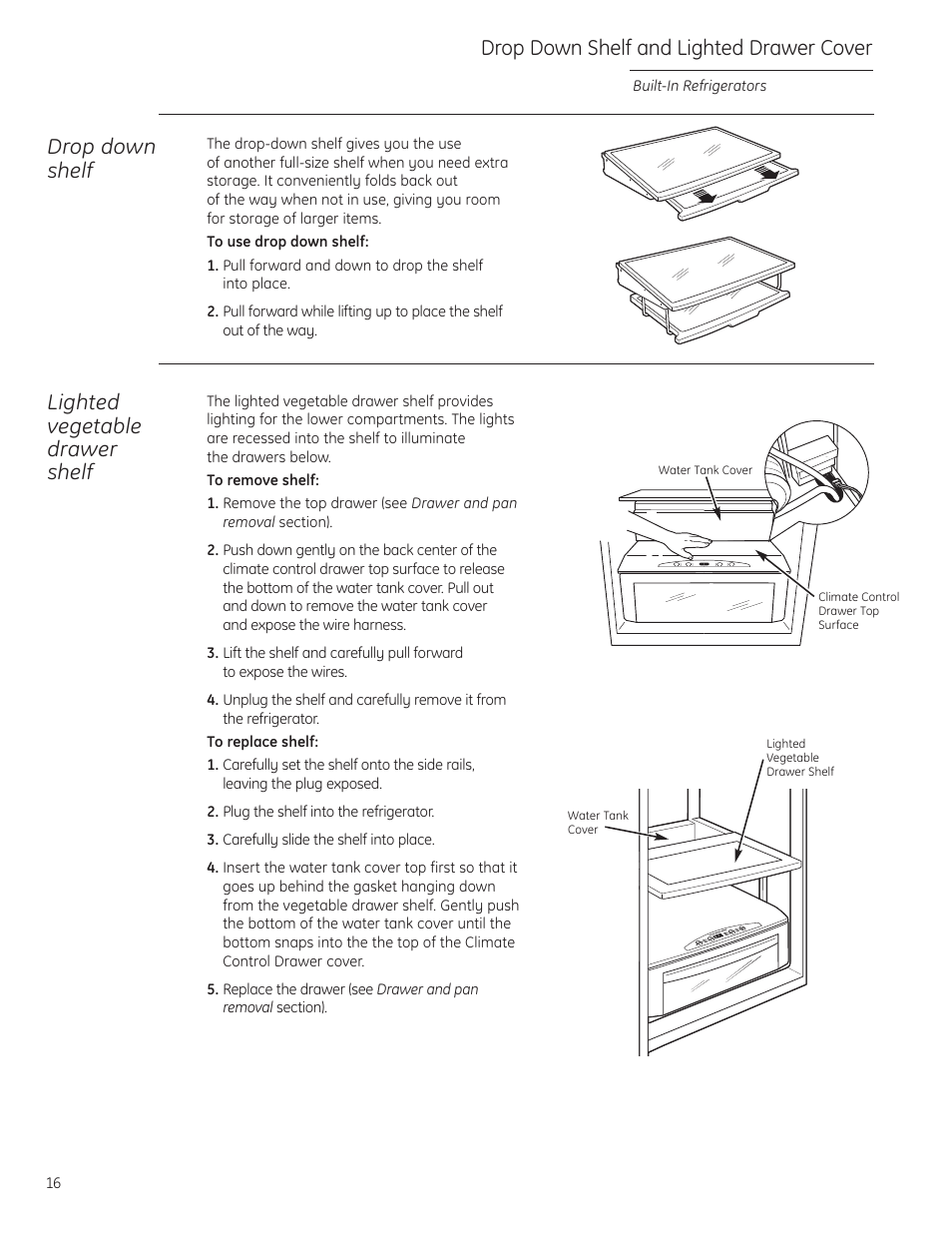 Drop down shelf and lighted drawer cover, Drop down shelf, Lighted vegetable drawer shelf | GE ZIS480NX User Manual | Page 16 / 32