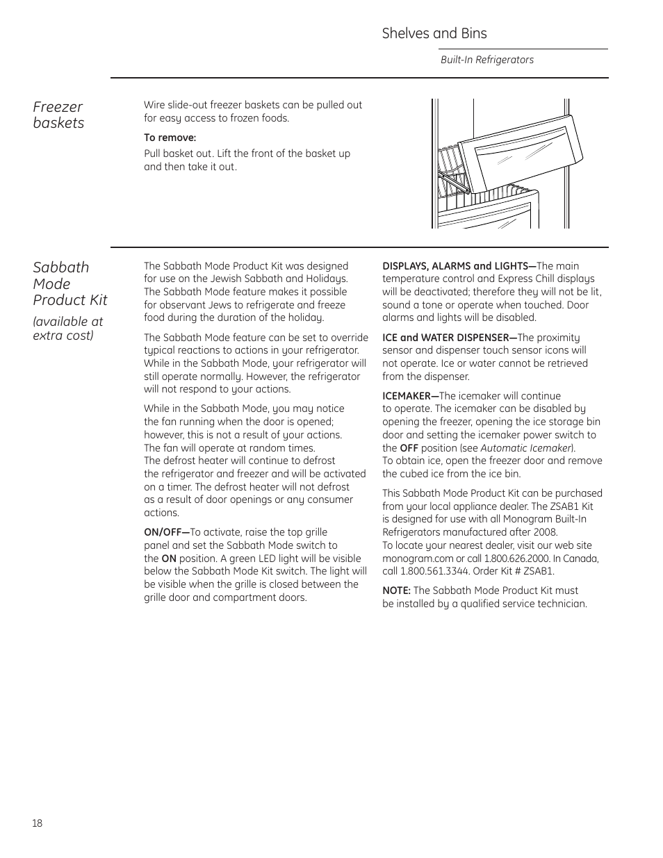 Sabbath mode product kit, zsab1, Freezer baskets, Shelves and bins | Sabbath mode product kit | GE ZIS480NX User Manual | Page 18 / 32