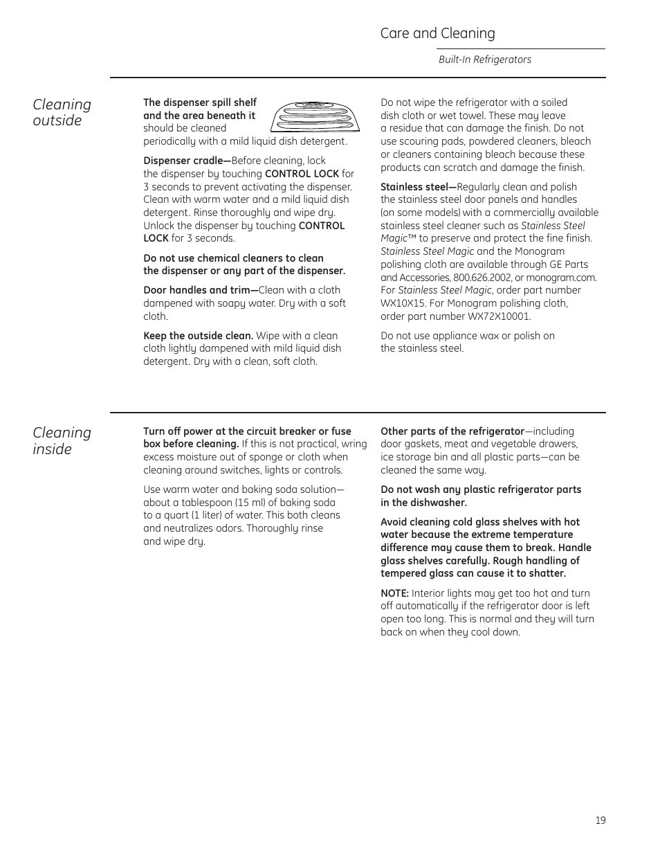Cleaning—outside and inside, Cleaning outside, Care and cleaning | Cleaning inside | GE ZIS480NX User Manual | Page 19 / 32