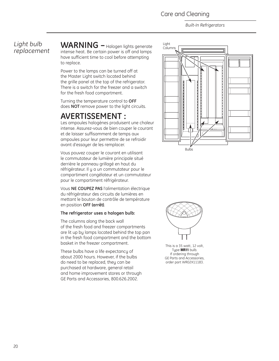 Light bulb replacement, Light bulb replacement –21, Warning | Avertissement, Light bulb replacement care and cleaning | GE ZIS480NX User Manual | Page 20 / 32
