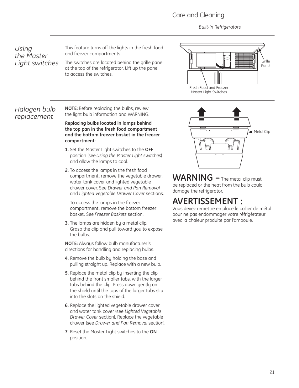 Master light switch, Warning, Avertissement | Using the master light switches, Halogen bulb replacement, Care and cleaning | GE ZIS480NX User Manual | Page 21 / 32