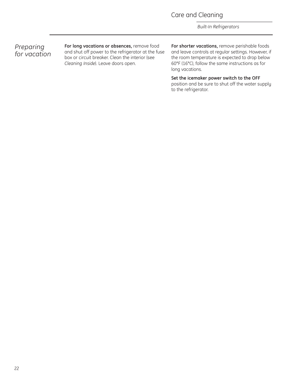 Moving and vacation, Care and cleaning, Preparing for vacation | GE ZIS480NX User Manual | Page 22 / 32