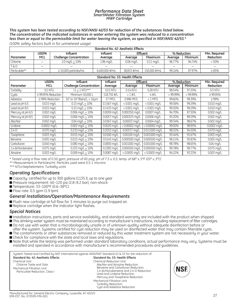 Smartwater filter performance data sheet, Performance data sheet, Operating specifications | Special notices | GE ZIS480NX User Manual | Page 27 / 32