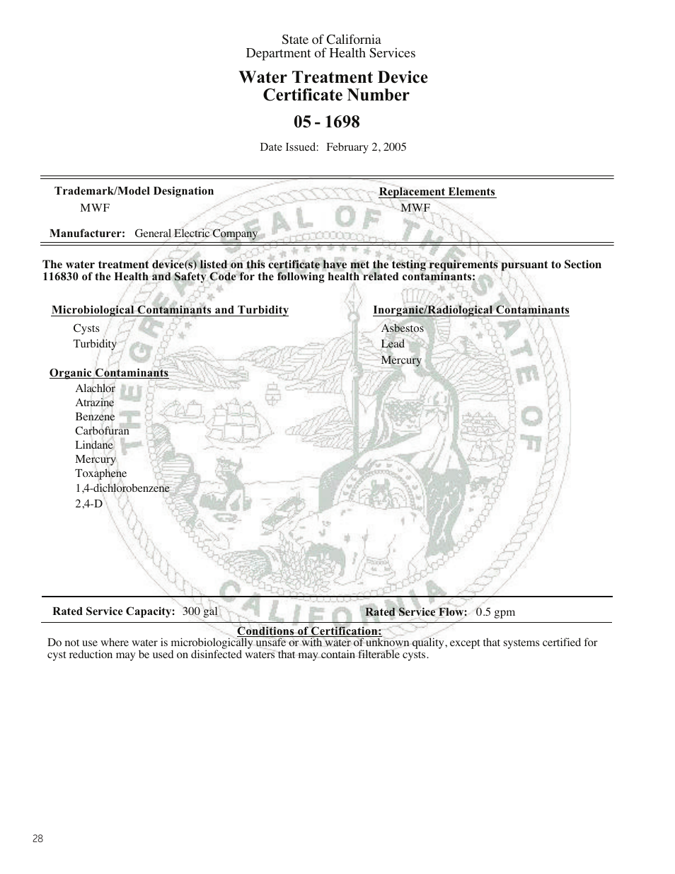 Water treatment device certificate number | GE ZIS480NX User Manual | Page 28 / 32
