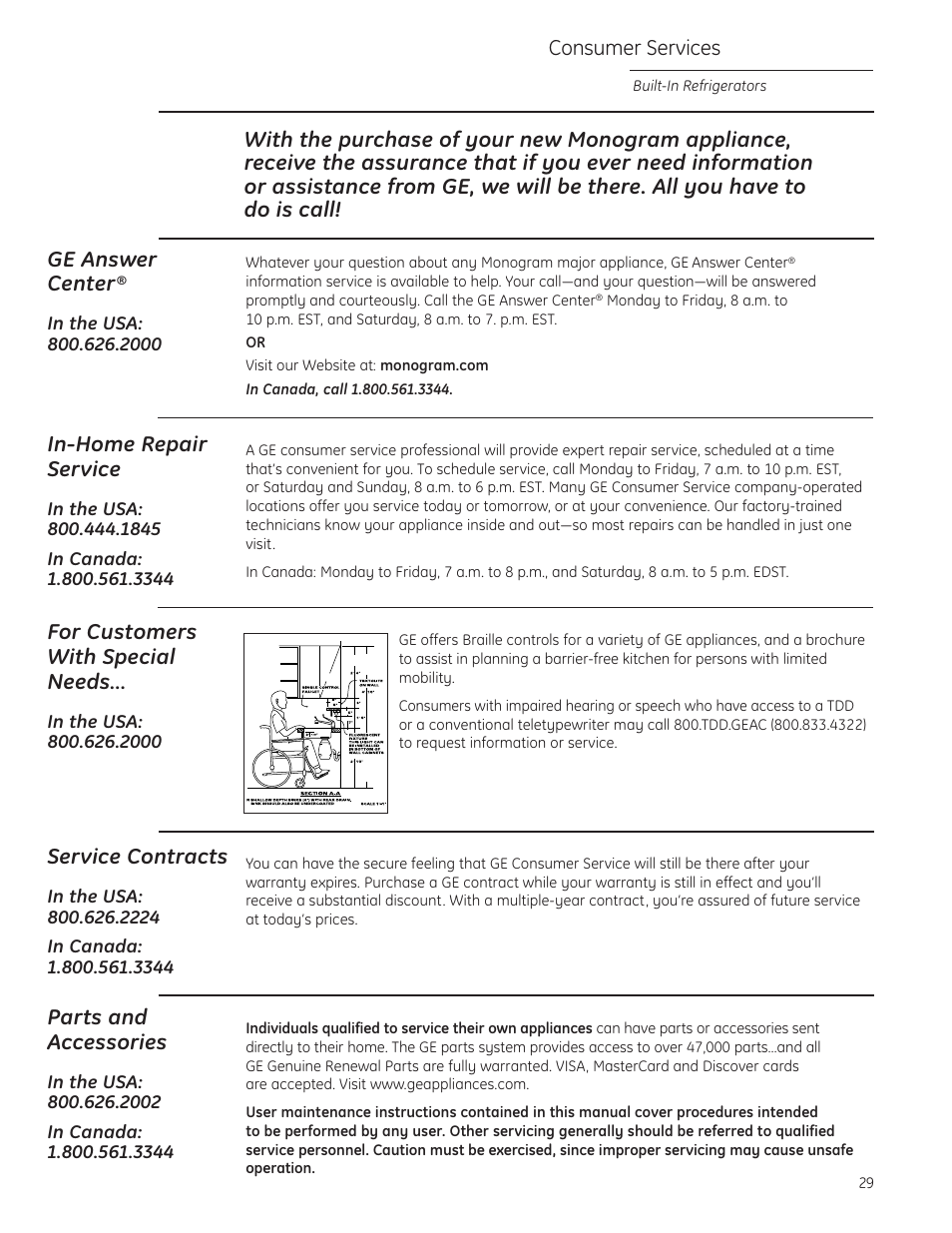 Important phone numbers, In-home repair service, Service contracts | Parts and accessories, For customers with special needs, Consumer services | GE ZIS480NX User Manual | Page 29 / 32