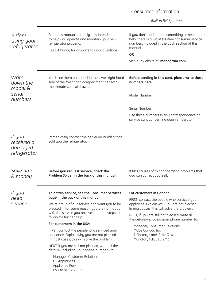 Model and serial numbers, Product registration, If you received a damaged refrigerator | Save time & money, If you need service, Consumer information, Before using your refrigerator, Write down the model & serial numbers | GE ZIS480NX User Manual | Page 3 / 32