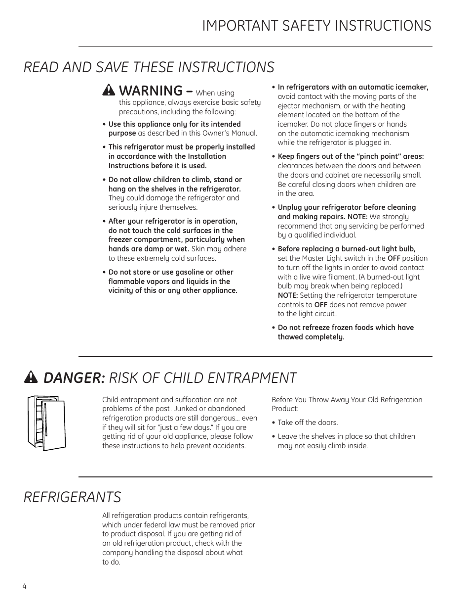 Safety instructions, Safety instructions –7, Important safety instructions refrigerants | Wdanger: risk of child entrapment, Read and save these instructions, Wwarning | GE ZIS480NX User Manual | Page 4 / 32