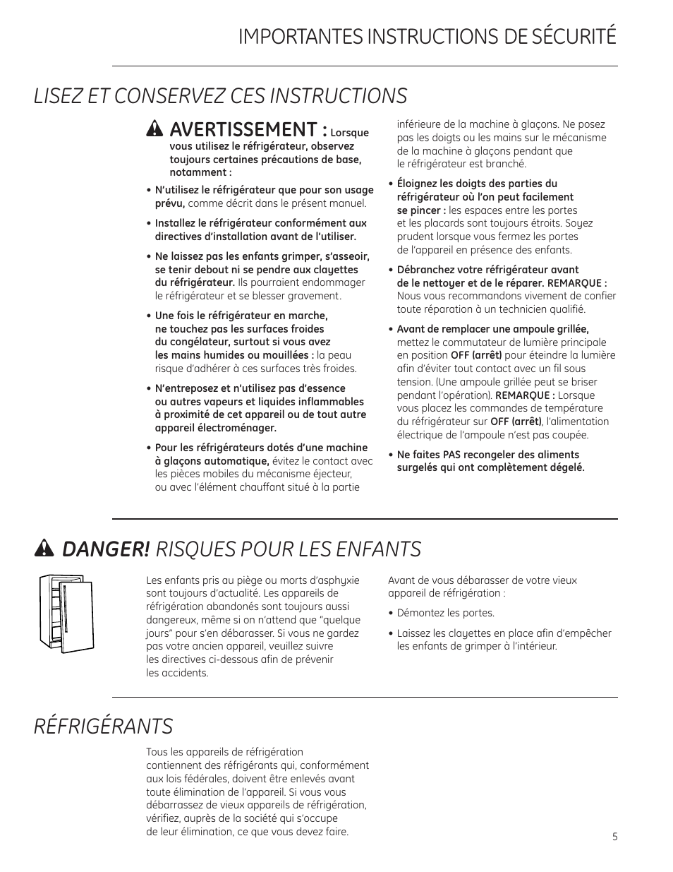 Importantes instructions de sécurité réfrigérants, Wdanger! risques pour les enfants, Lisez et conservez ces instructions | Wavertissement | GE ZIS480NX User Manual | Page 5 / 32